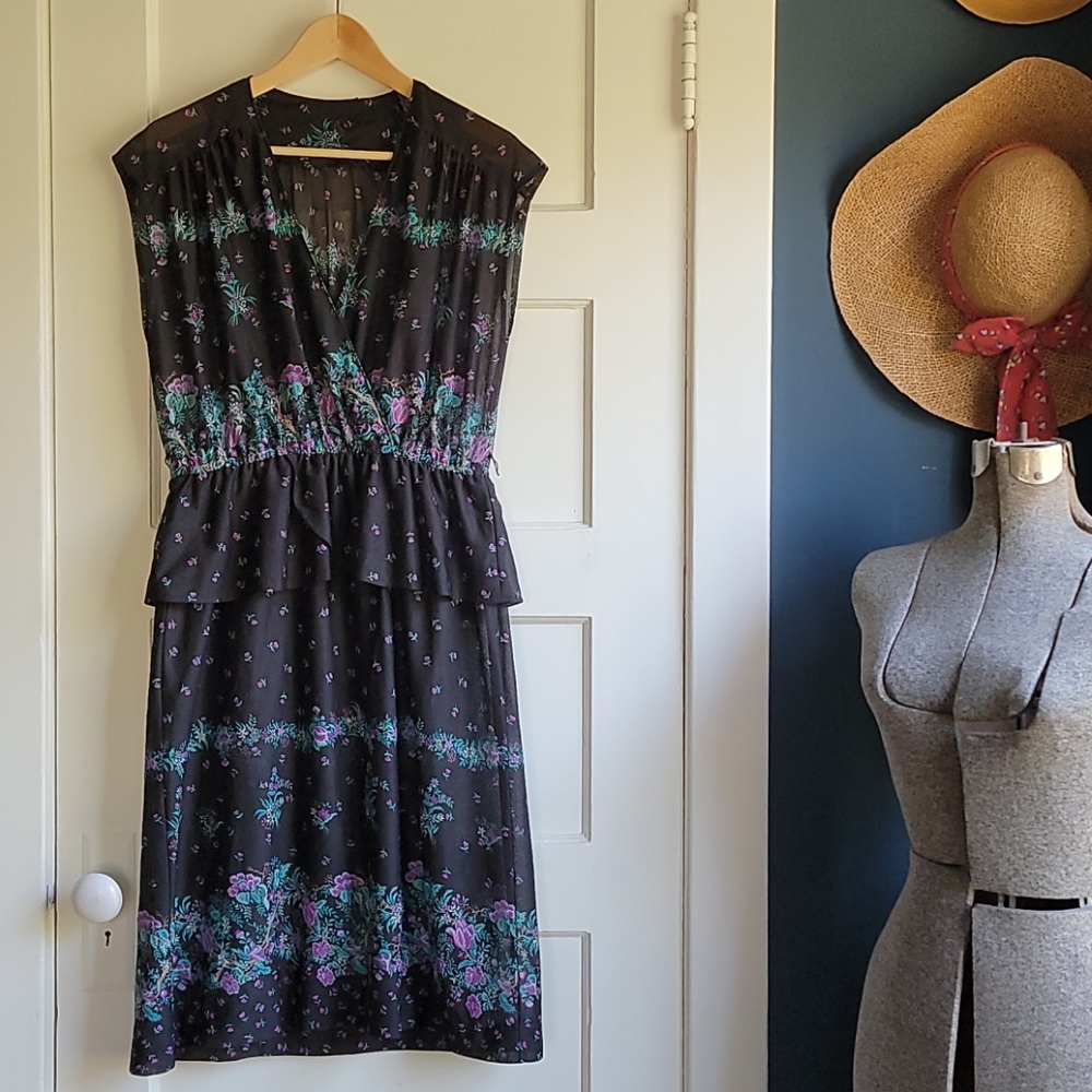 VTG Sheer Black Floral Dress with Peplum
